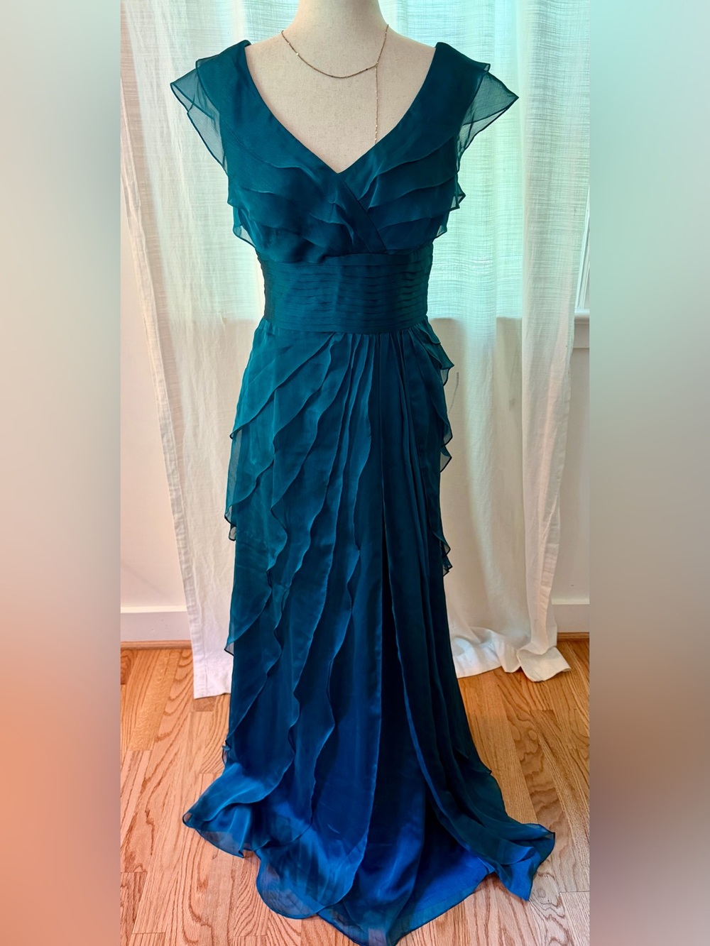 Adrianna Papell Teal Ruffled Chiffon Maxi Dress